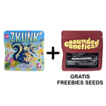 Das Bild zeigt ein Angebot von Cannabis-Produkten von kleine knospe, bei dem Zkunk-Samen plus kostenlose PapayaDawg-Samen als Freebies enthalten sind.