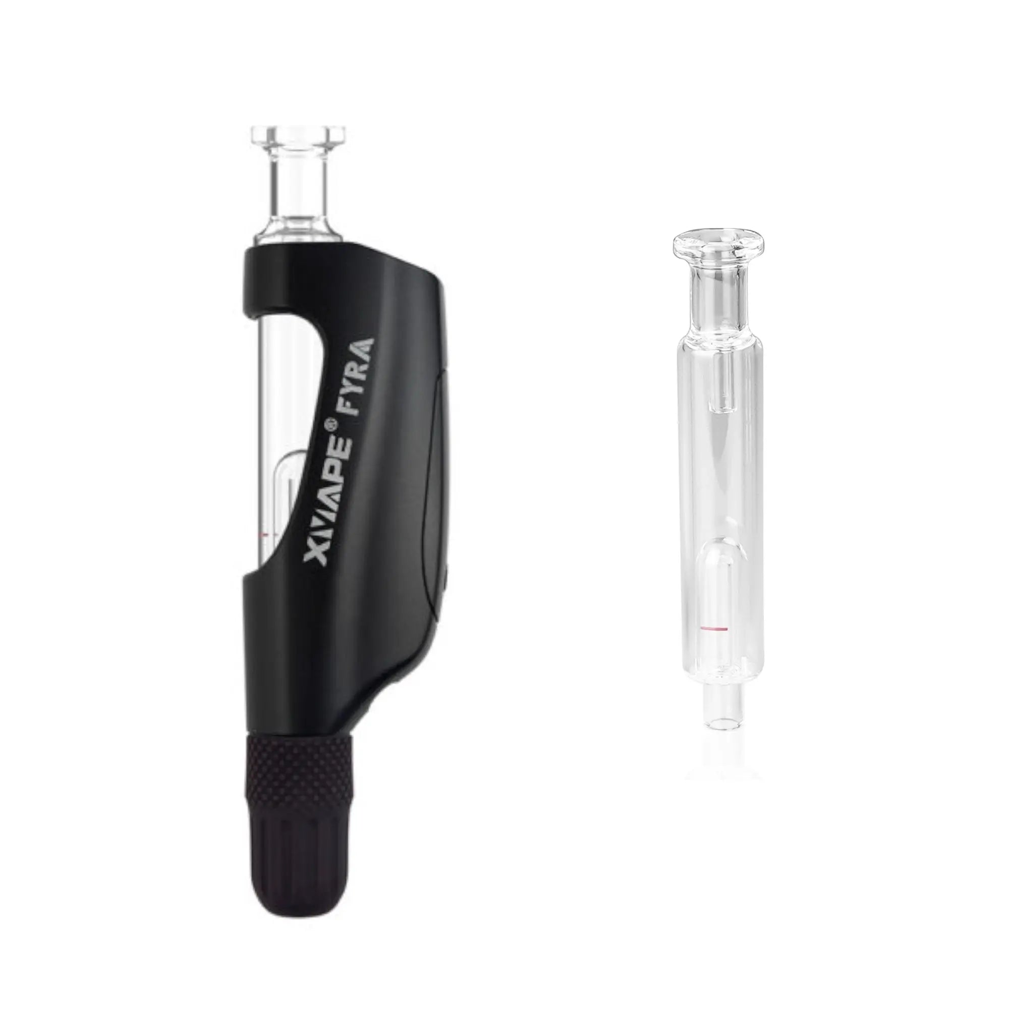 Dieses Bild zeigt einen tragbaren Vaporizer und ein Ersatzglas, die von "kleine knospe" als CBD-Produkt angeboten werden.