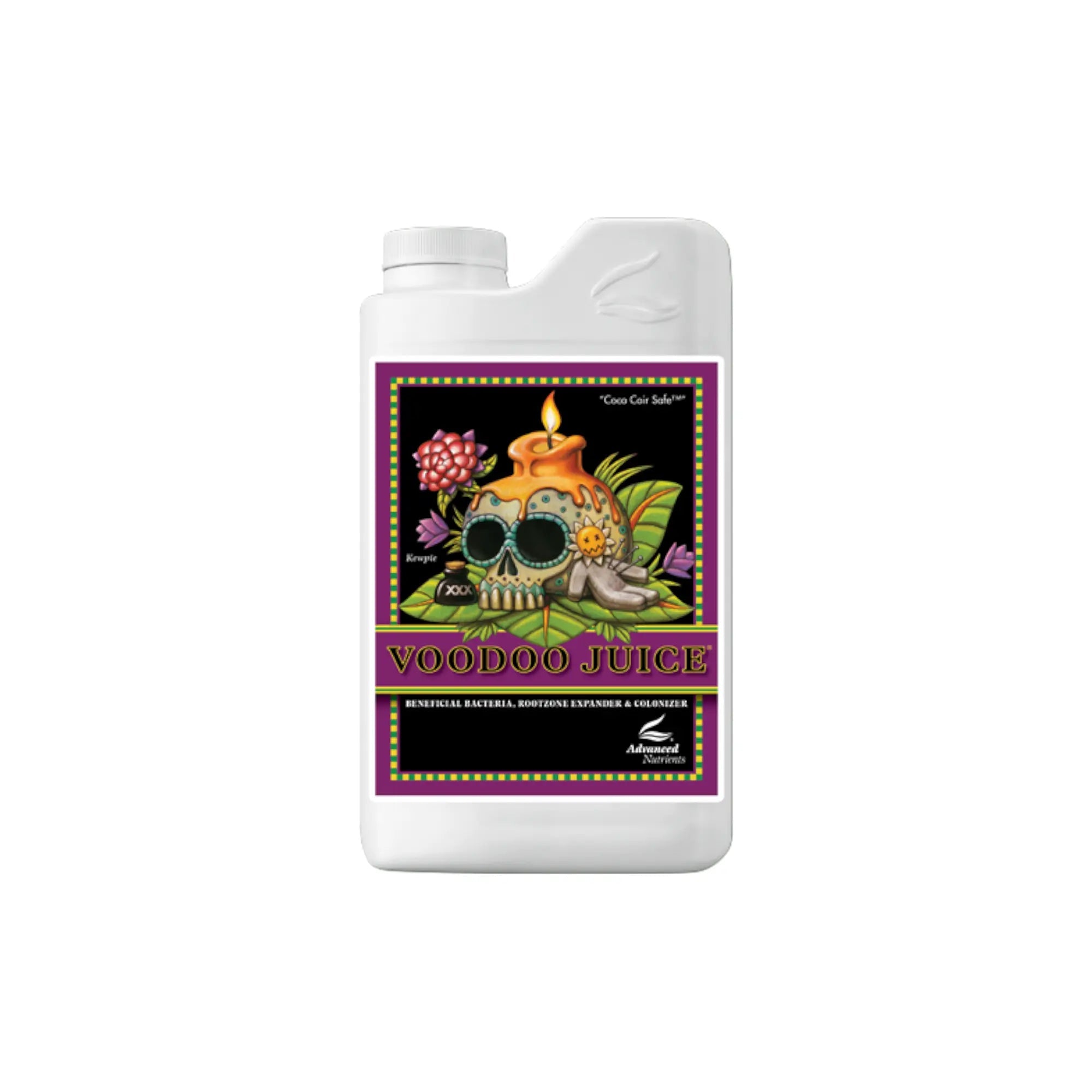 Das Bild zeigt eine Flasche "Voodoo Juice," ein Düngemittel mit auffälligem Design, das perfekt geeignet ist, um die Ernte von CBD- bzw. Cannabis-Produkten von 'kleine knospe' zu optimieren.