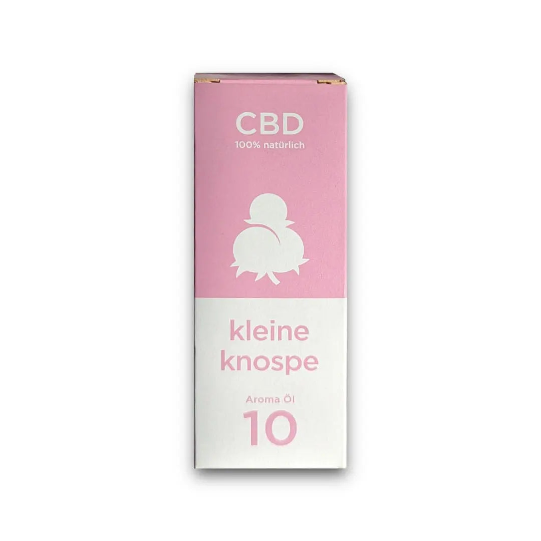 Diese hübsch gestaltete Verpackung für Aromaöl von "kleine knospe" enthält ein CBD-Produkt, das durch sein minimalistisches Design besticht.