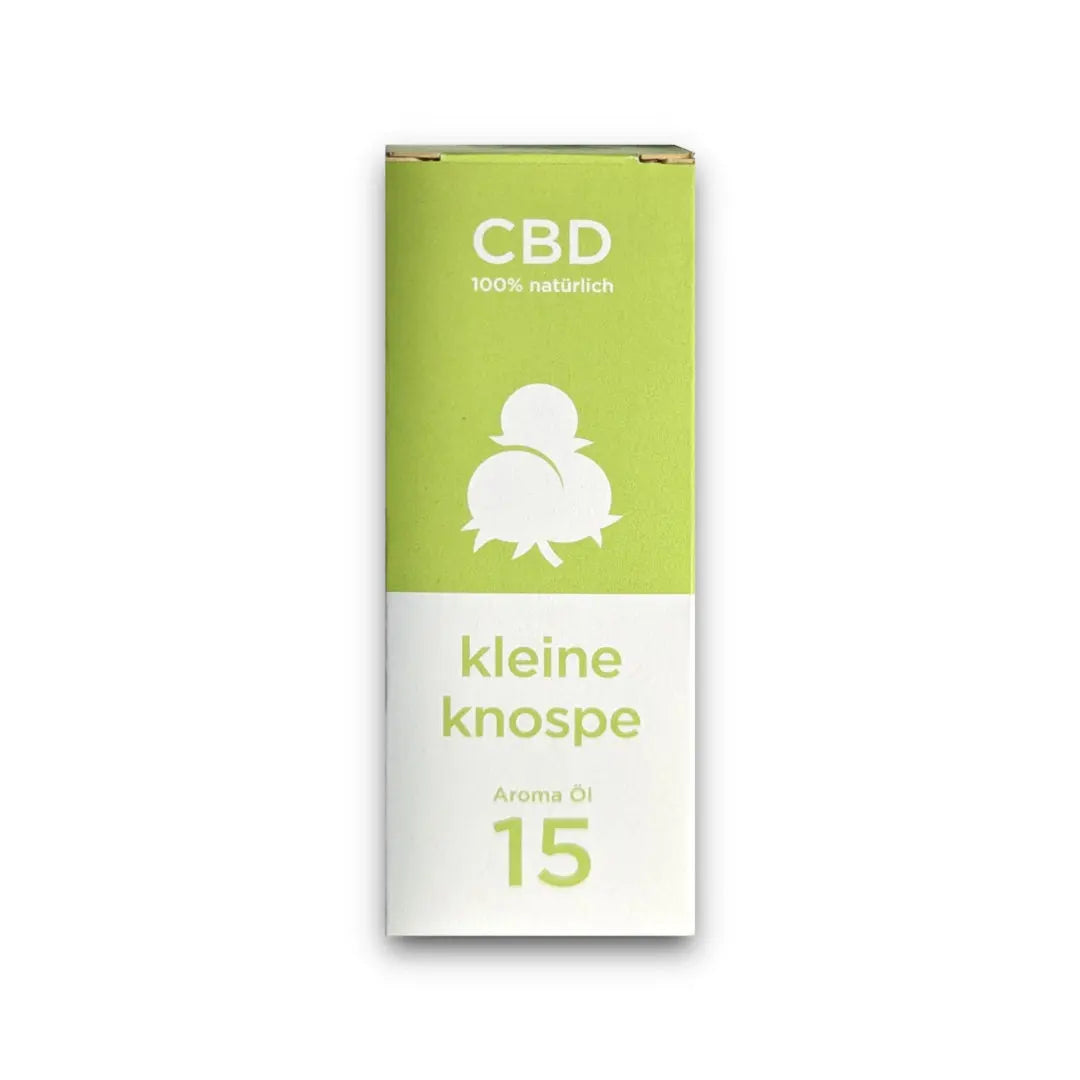 Das Bild zeigt eine Verpackung für ein CBD-Aromaöl von kleine knospe, das durch sein schlichtes Design überzeugt.