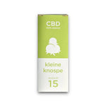 Das Bild zeigt eine Verpackung für ein CBD-Aromaöl von kleine knospe, das durch sein schlichtes Design überzeugt.