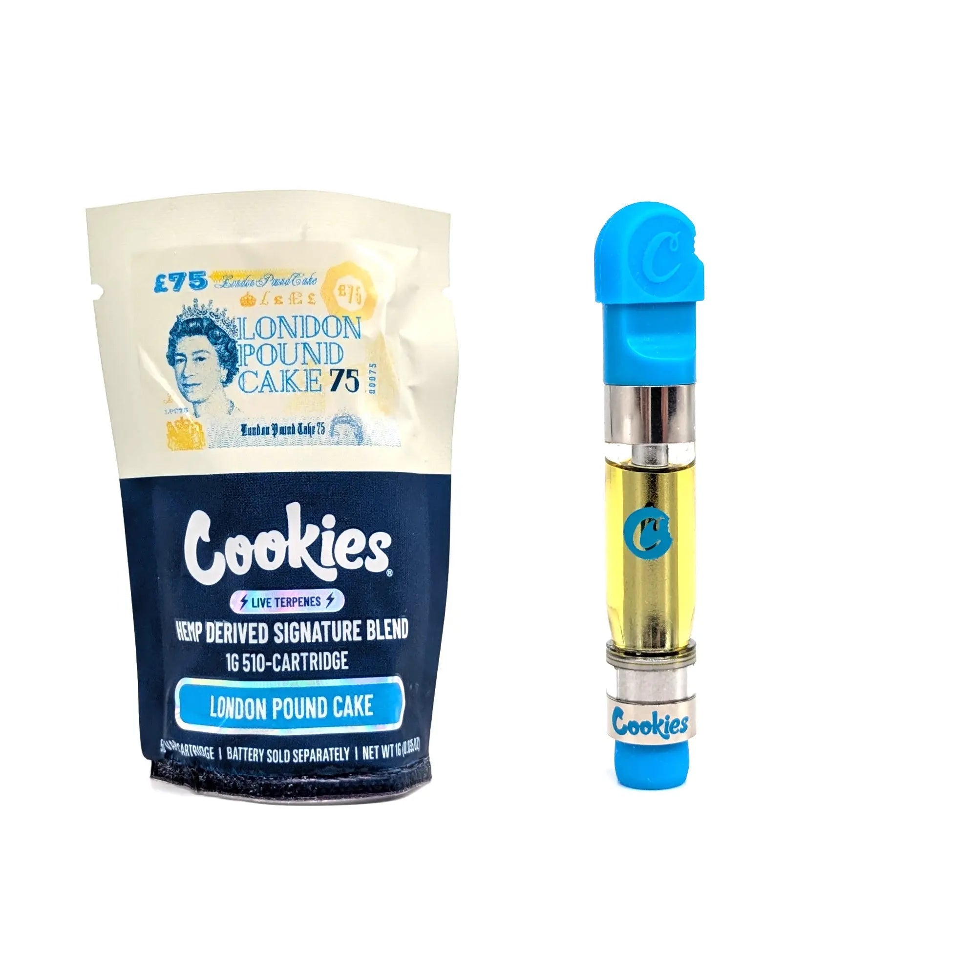 Das Bild zeigt ein London Pound Cake CBD-Produkt von "kleine knospe", bestehend aus einer auffälligen blauen Verpackung und einem dazugehörigen Cannabis-Vape-Pen.
