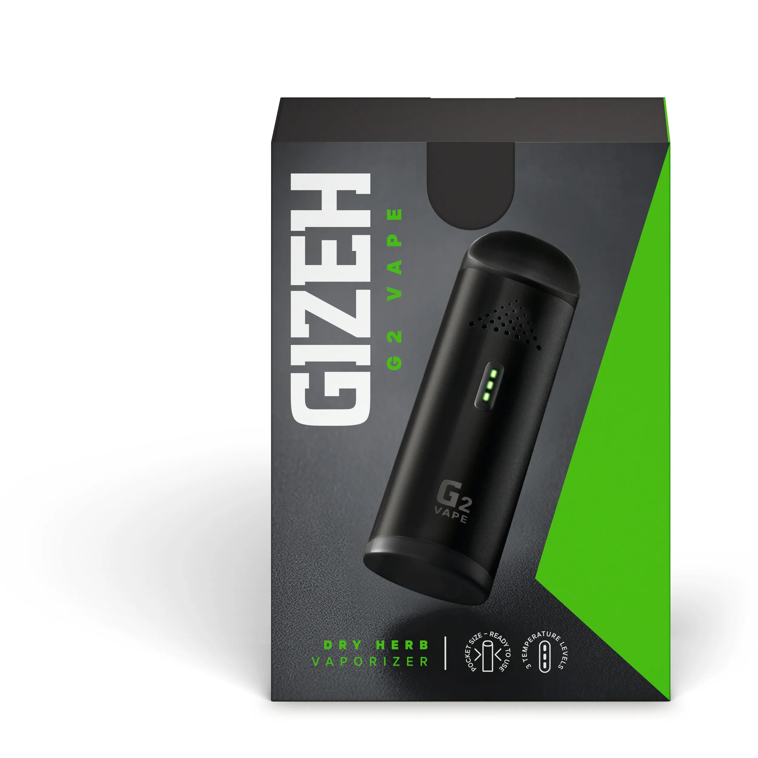 Schwarzer Gizeh G2 Vape Dry Herb Vaporizer auf Verpackung. Taschenformat, sofort einsatzbereit, 3 Temperaturstufen.
