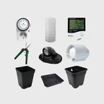 Das Bild zeigt eine Auswahl an Zubehör, das für den Anbau des CBD-Produkts von kleine knospe geeignet ist, darunter Blumentöpfe und ein Thermometer.