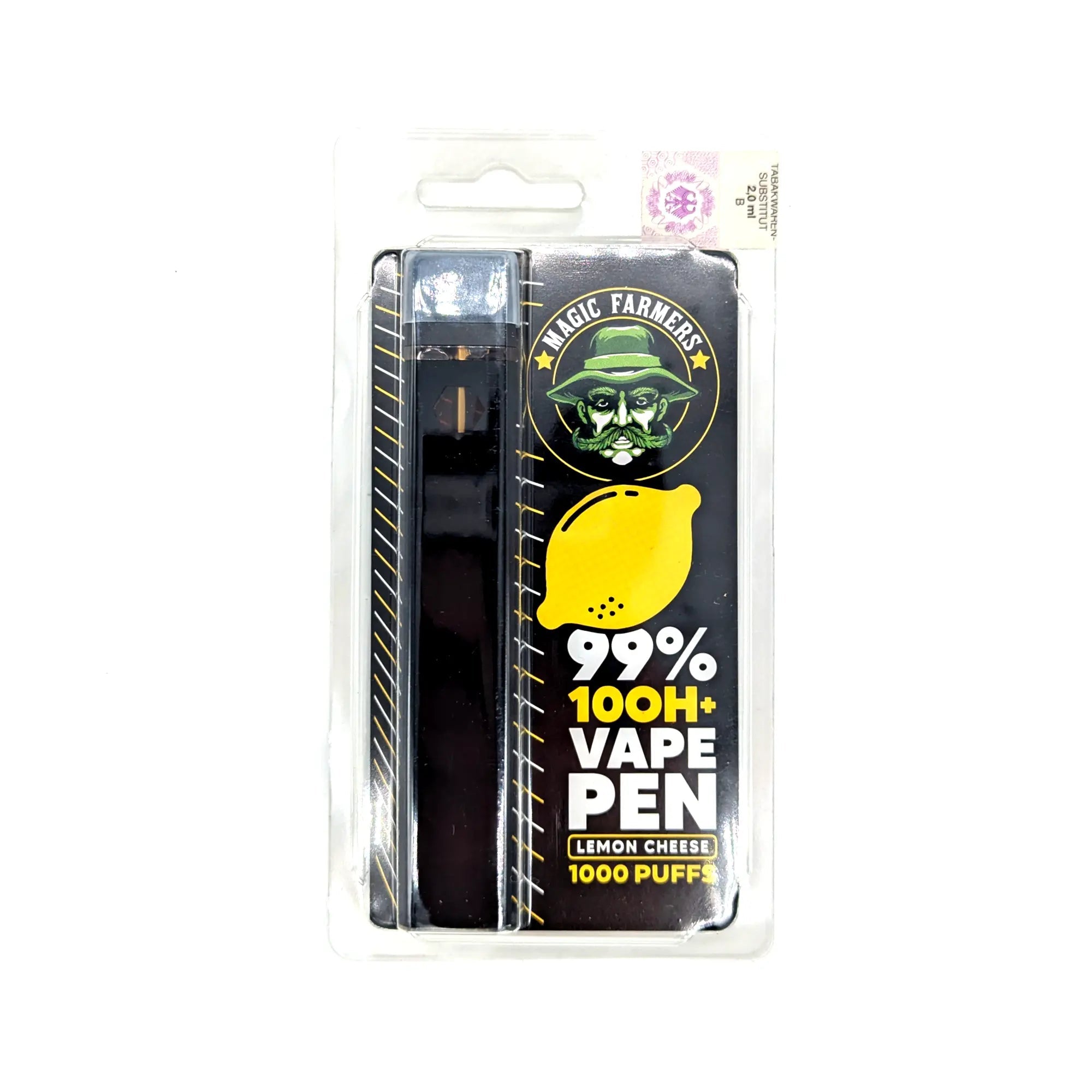 Dieses Bild zeigt ein CBD-Produkt von "kleine knospe" in Form eines Vape Pens mit Lemon Cheese Geschmack, das mit 99% Reinheit für bis zu 1000 Züge beworben wird.