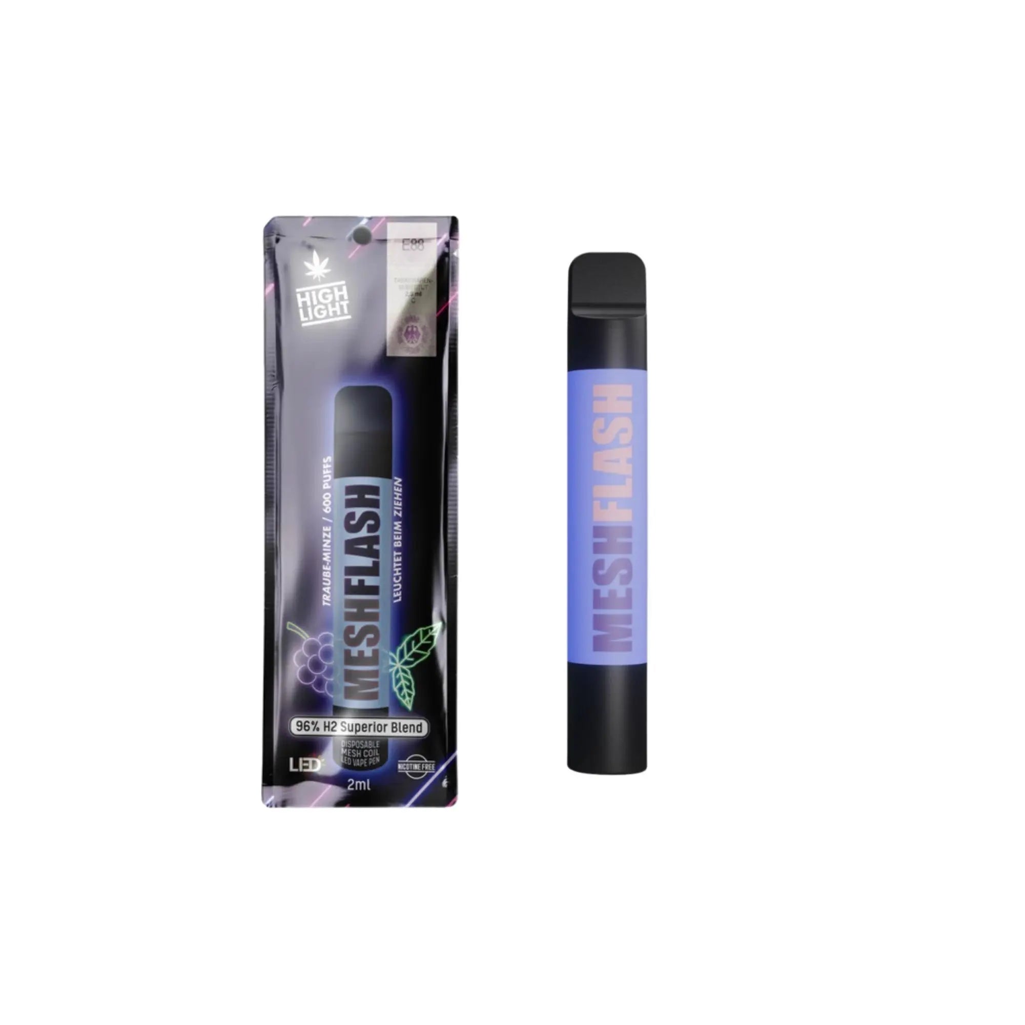 Dieses Bild zeigt ein CBD-Vape-Produkt von "kleine knospe" mit einer Verpackung im eleganten Design, das den Meshflash-Stil betont.