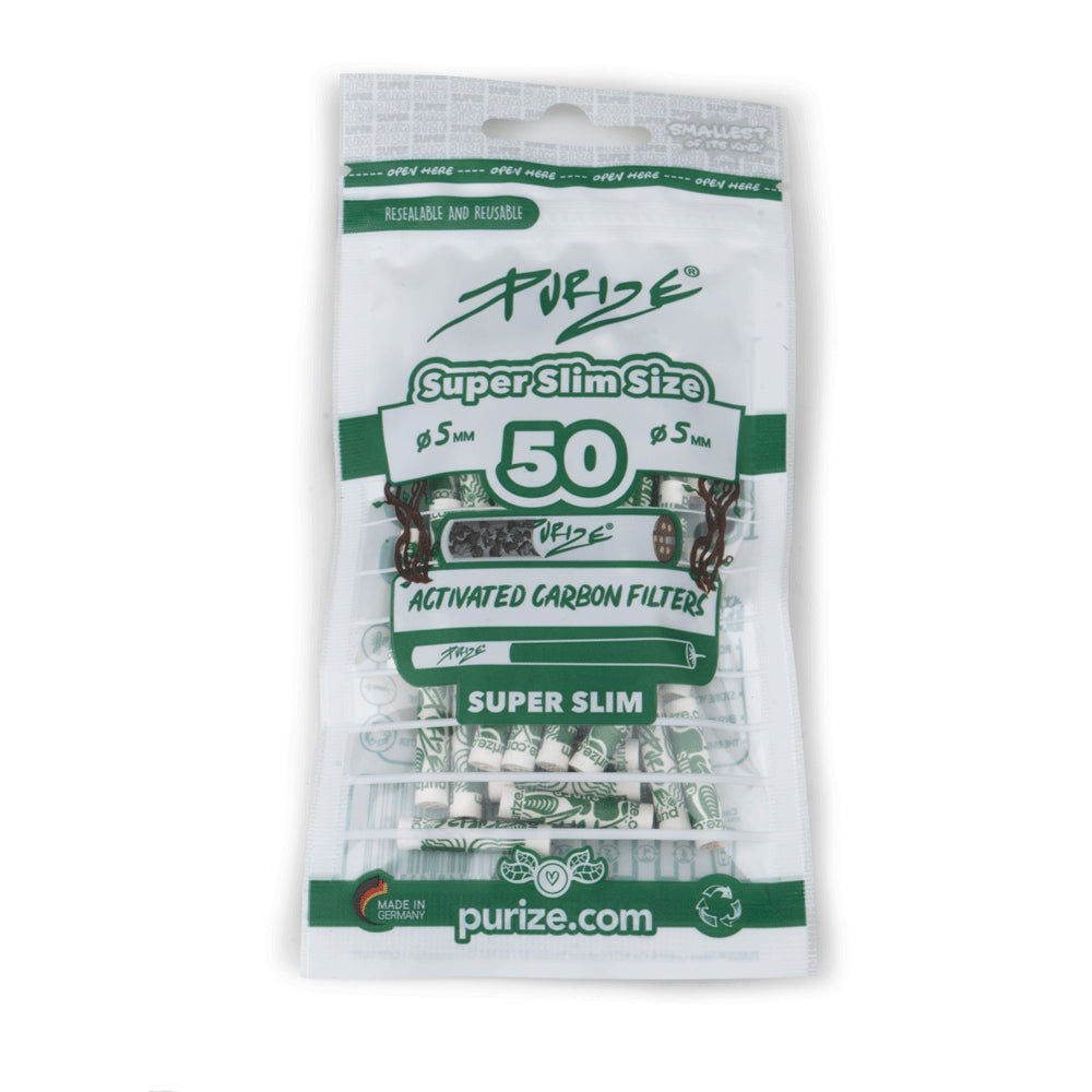 Die Abbildung zeigt eine Verpackung von Purize Kohlefiltern in Super Slim Size für CBD-Produkte von kleine knospe.