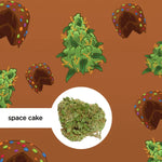 Das Bild zeigt das CBD-Produkt „Space Cake“ von kleine knospe, umgeben von illustrierten Kuchen und Cannabis-Blüten, was die entspannende Wirkung von Cannabis symbolisieren soll.