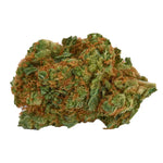 Dieses Bild zeigt eine dichte, grüne Cannabis-Blüte mit orangefarbenen Härchen, die ein CBD-Produkt von "kleine knospe" darstellt.